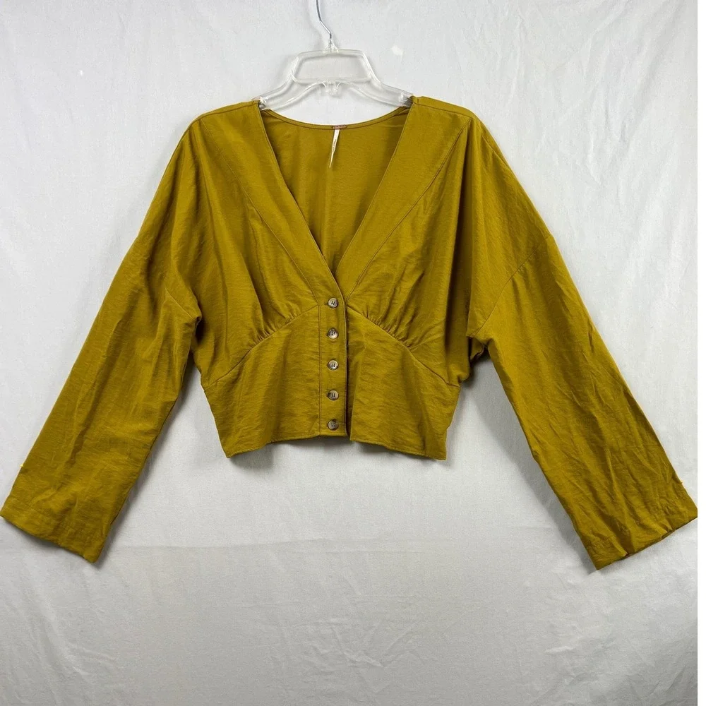 Free People Crop Top Women L Button Up Mustard Gold V-Neck Smocked Long Sleeve